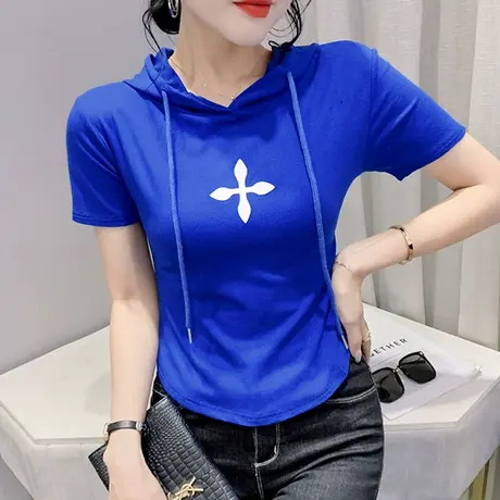 高腰短款T恤女欧货设计感连帽短袖上衣不规则弧形下摆小衫体恤夏商品大图