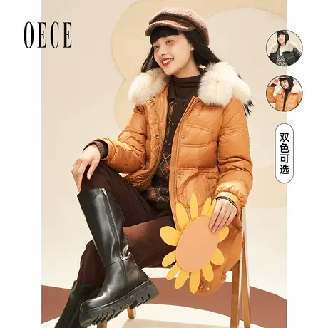 Oece冬新款女 复古大毛领加厚中长款羽绒服外套商品大图