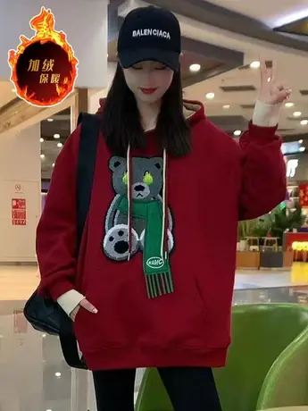 2023秋冬新款加绒卫衣时尚设计感宽松长袖连帽卡通上衣大板中长款商品大图