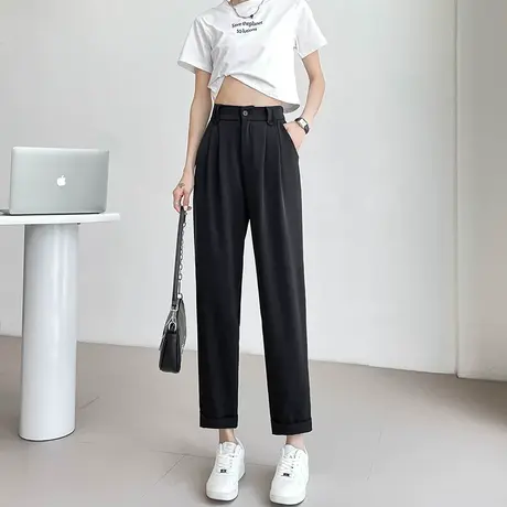 黑色九分西装裤女夏季薄款高腰冰丝哈伦显瘦垂感卷边小脚休闲西裤商品大图