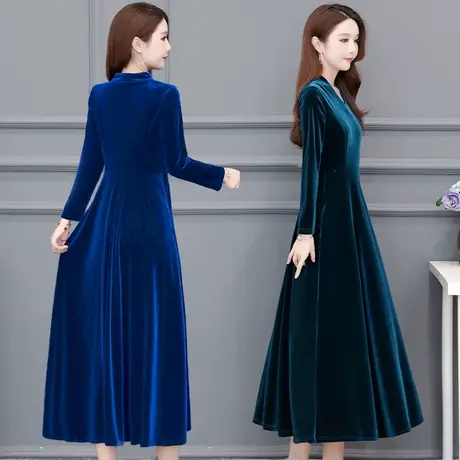 2022年秋冬新款复古长袖金丝绒连衣裙女气质V领收腰显瘦a字长裙图片