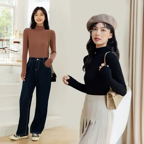 打底衣女士长袖春秋季新款高领内搭薄款修身时尚百搭紧身韩版纯色商品大图