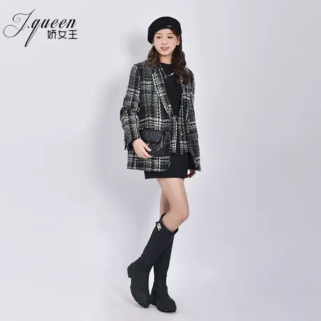 小香风粗花呢子西装女秋冬季新款时尚气质假两件黑白格纹毛呢外套图片