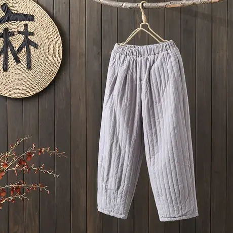 枫谜2022年冬季新款文艺复古松紧腰竖条绗线夹棉保暖休闲宽松棉裤图片