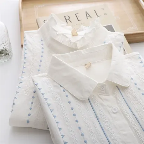 春秋季新款文艺提花刺绣小清新花边立领宽松长袖白衬衫女打底衬衣图片