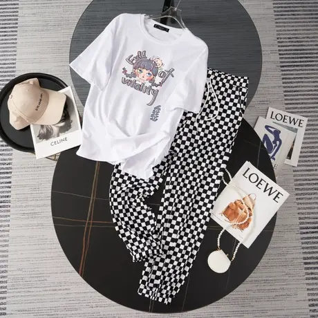 纯棉大码运动服套装跑步女夏季薄款宽松短袖长裤小个子休闲两件套商品大图