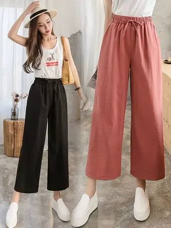 棉麻阔腿裤女夏宽松大码复古休闲哈伦裤高腰显瘦黑色九分灯笼裤子图片