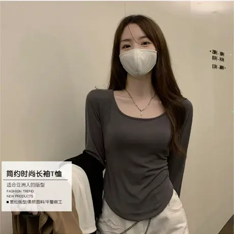 不规则薄款短款长袖t恤女春秋2023年新款修身显瘦打底衫早秋上衣商品大图