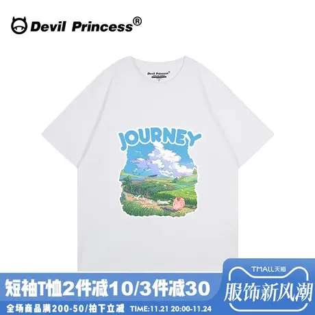 chic港风森系正肩白色t恤女宽松ins风小众卡通纯棉学生半袖上衣夏图片