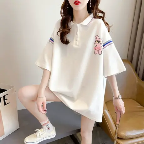 设计感小众短袖t恤女夏装韩版宽松大码中长款翻领polo衫上衣服潮商品大图