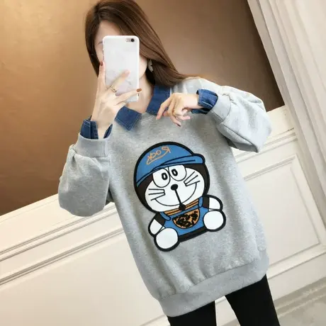 牛仔polo领卫衣女秋冬韩版宽松设计感小众加绒加厚假两件上衣外套商品大图
