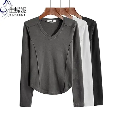 秋冬新款V领修身圆弧纯欲纯棉纯色压线拼接长袖体恤上衣女打底衫商品大图