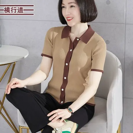 针织短袖女夏翻领撞色罗纹拼色修身外穿显瘦夏装女半袖开衫女薄款商品大图