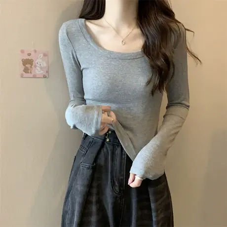 韩版修身U领T恤女秋季纯色基础百搭短款打底长袖内搭别致紧身上衣商品大图