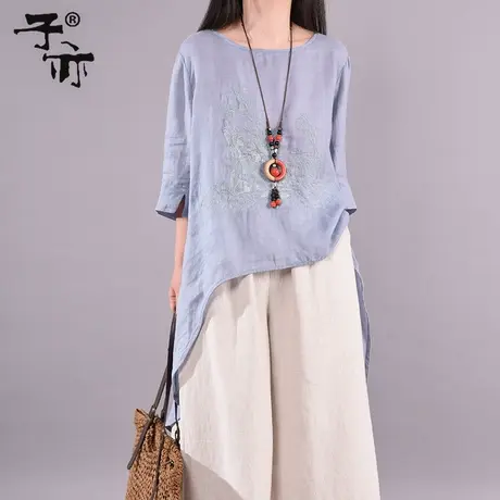 子亦夏装新款前短后长文艺绣花苎麻短袖休闲不规则衬衫上衣潮商品大图