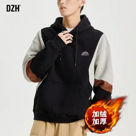 男士黑色加绒卫衣男冬季2023新款潮牌拼接加厚冬装连帽外套上衣服商品大图