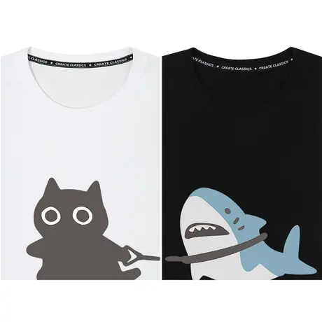 秀洛小猫钓鱼猫和鱼情侣装纯棉宽松短袖t恤情侣款打底衫半袖衣服图片