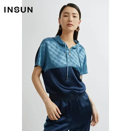 INSUN恩裳夏季醋酸艺术链条图提花休闲撞色运动衫T恤图片