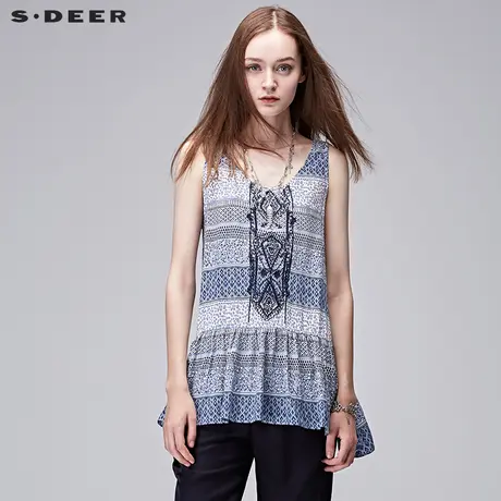 sdeer圣迪奥2019夏装蓝调民族风印花镂空绣花无袖衬衫女S17280669图片