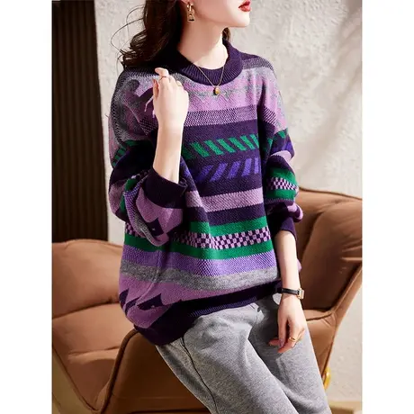 2023秋冬新款大码装条纹毛衣女加厚保暖宽松胖mm打底针织衫上衣潮图片