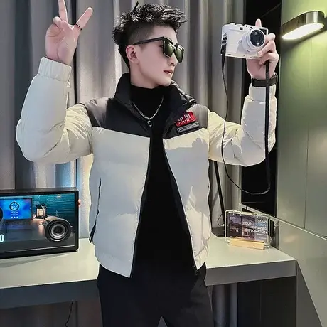 美式棉衣男冬季2023个性贴标设计感潮牌短款轻熟拼色棉服外套图片