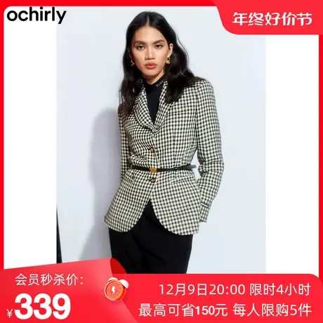 ochirly欧时力 千鸟格宽松西装外套女新款春装腰带垫肩复古英伦风图片