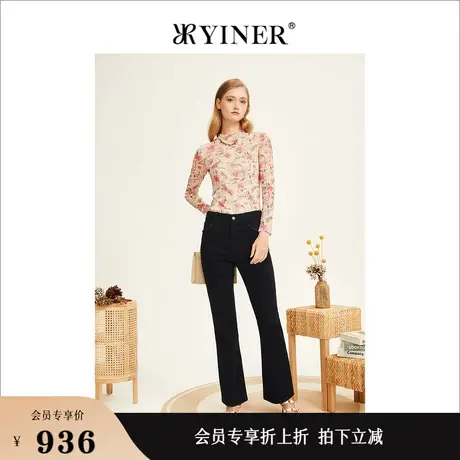 YINER音儿女装冬季女装黑色高腰复古直筒微喇牛仔裤商品大图