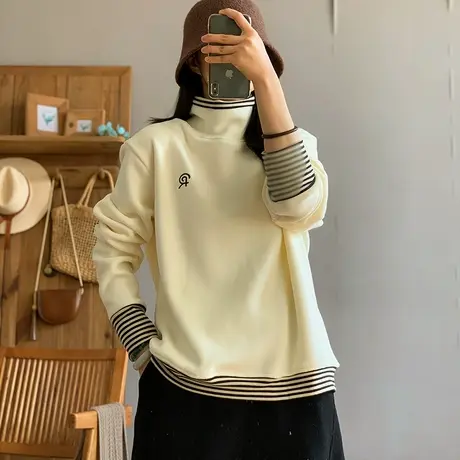 dza 复古条纹拼接双面德绒高领卫衣女秋冬新款宽松假两件长袖上衣图片