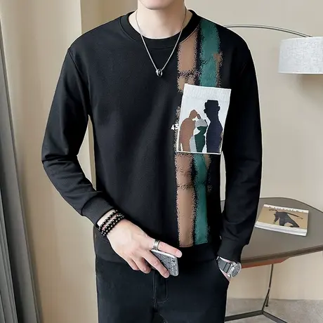 春秋季男圆领卫衣撞色印花设计长袖休闲上衣百搭潮流修身打底t恤商品大图