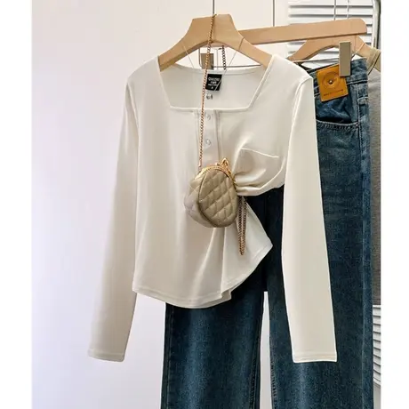 欧货高腰短款方领排扣长袖t恤女秋冬新款紧身内搭白色打底衫上衣商品大图