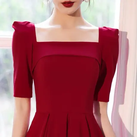 敬酒服新娘平时可穿夏季结婚订婚回门便装小礼服连衣裙女纯色方领商品大图