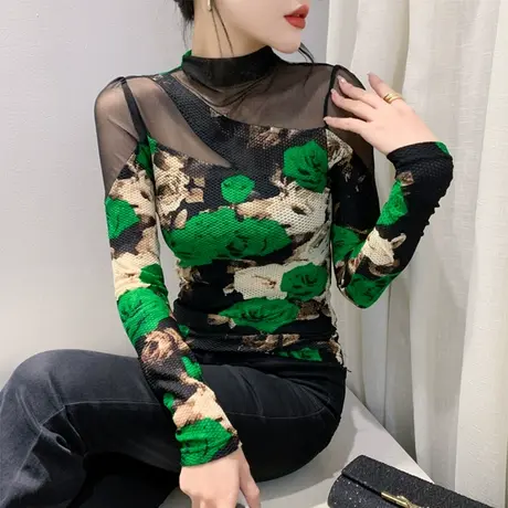 春装新款T恤时尚女装长袖网纱印花小众气质修身显瘦打底衫女上衣图片