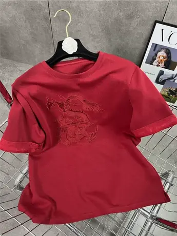 网红同款2024春季新款圆领刺绣暗纹图案卷边袖红色宽松加厚t恤衫商品大图