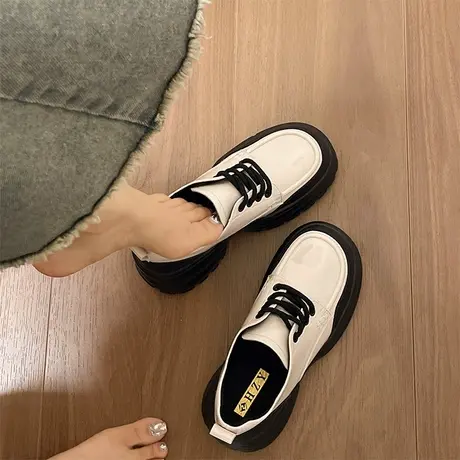 厚底小皮鞋女英伦风2024新款春季松糕鞋子小个子系带法式乐福单鞋图片