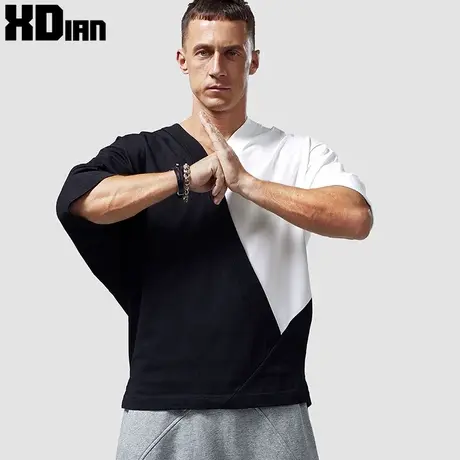 中国风复古短袖T恤男纯棉交领上衣夏季新中式国潮V领国风佛系男装图片