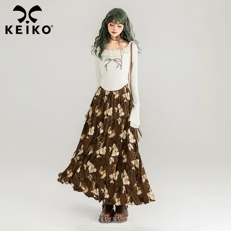 KEIKO 法式复古碎花百褶裙2024春夏气质山茶花印花a字半身长裙子图片