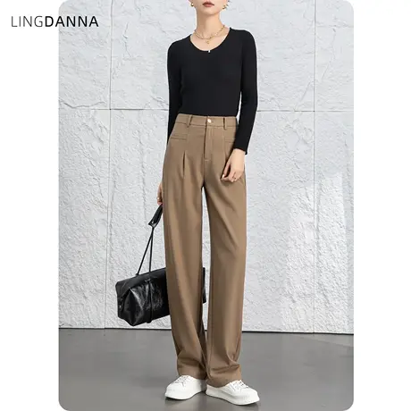 卡其色裤子女高腰垂感阔腿裤女2024新款宽松休闲长裤拖地裤直筒裤图片