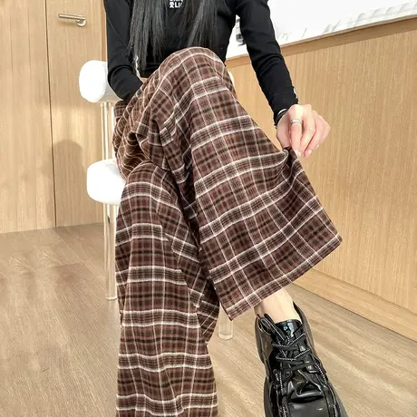 美式复古格子休闲裤女2024春秋款翻边小众高腰宽松显瘦阔腿拖地裤商品大图