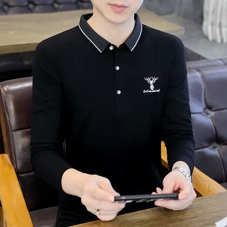 2022新款男士长袖T恤纯棉上衣秋季潮搭纯色翻领POLO衫男装打底衫商品大图