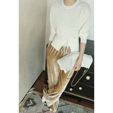 2024春夏季新款高品质金丝绒阔腿裤垂感褶皱拖地宽松抽绳长裤女商品大图