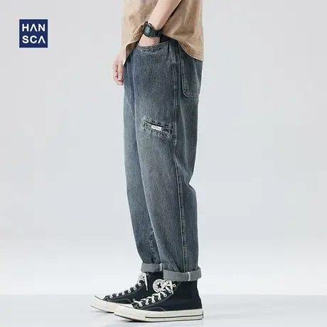 hansca蓝色复古牛仔裤男宽松直筒青少年春季潮牌水洗哈伦休闲长裤商品大图