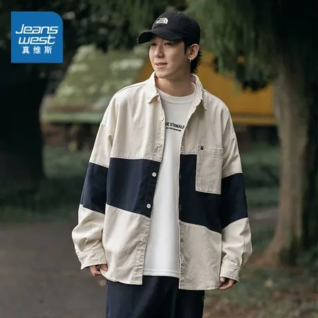 EI真维斯男女同款 2024春季新款 日系复古拼接工装长袖衬衫情侣装商品大图