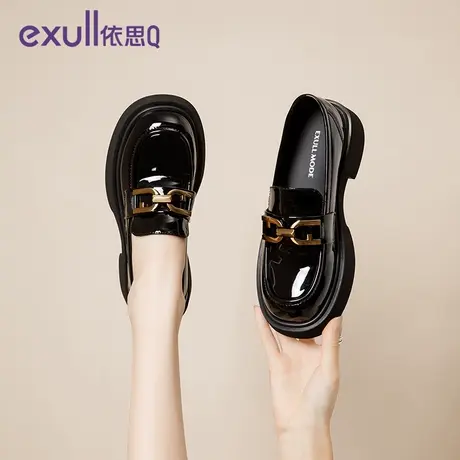exull/依思Q厚底乐福鞋女2024秋女鞋子爆款黑色一脚蹬粗跟小皮鞋商品大图