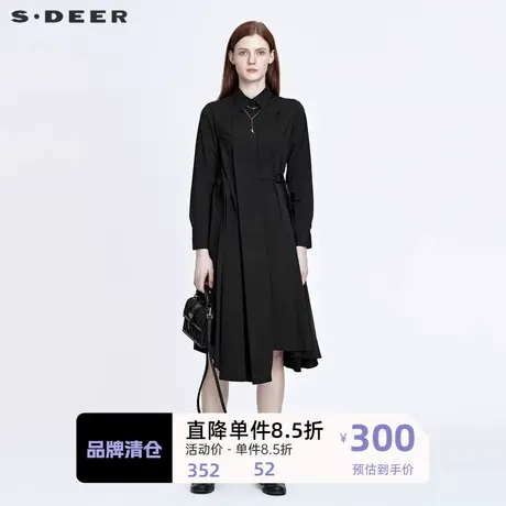 sdeer圣迪奥女装翻领压褶收腰不规则衬衫连衣裙S22161222图片