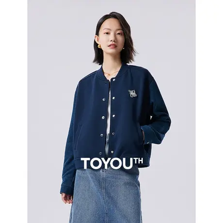 TOYOUTH初语拼接设计感棒球服外套女2023秋季新款复古休闲短夹克商品大图