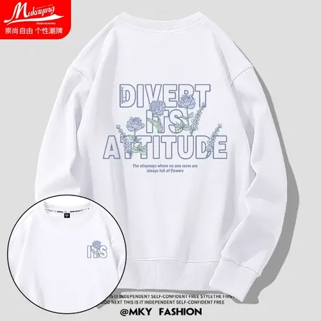 美式潮流字母圆领卫衣男春秋款白色青少年休闲百搭ins简约情侣装商品大图