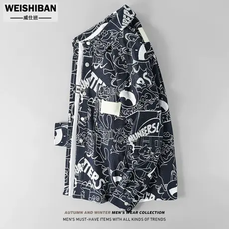 2023秋季美式满印牛仔衬衣男外套潮牌涂鸦老花工装宽松痞帅衬衫男商品大图