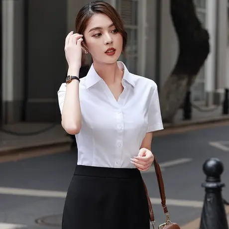 V领显瘦大码衬衫女职业上班白领气质灰白蓝色短袖衬衣工装2023夏商品大图