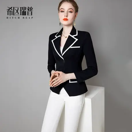 希区瑞普高端拼接西装领黑色外套女2023秋冬小众气质通勤西服上衣商品大图