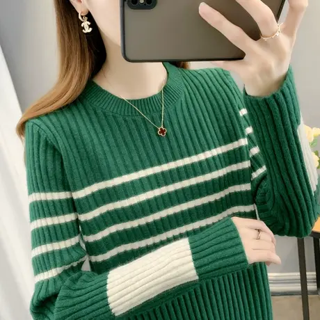 针织衫女洋气2023年秋冬新款韩版圆领条纹宽松百搭套头打底毛衣潮商品大图